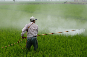 Farming spraying his crops with herbicide