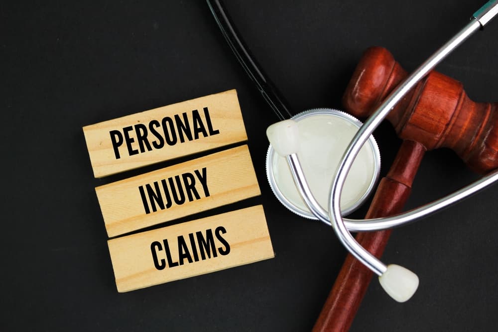 A judge's gavel, a stethoscope, and a label reading 'Personal Injury Claims,' symbolizing the intersection of law and healthcare.
