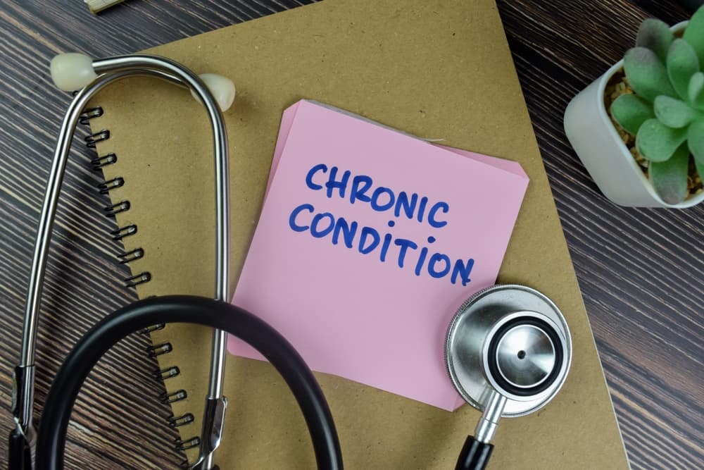 The image shows the phrase "Concept of Chronic Condition" written on sticky notes, accompanied by a stethoscope on a wooden table, symbolizing long-term health issues and ongoing medical care.