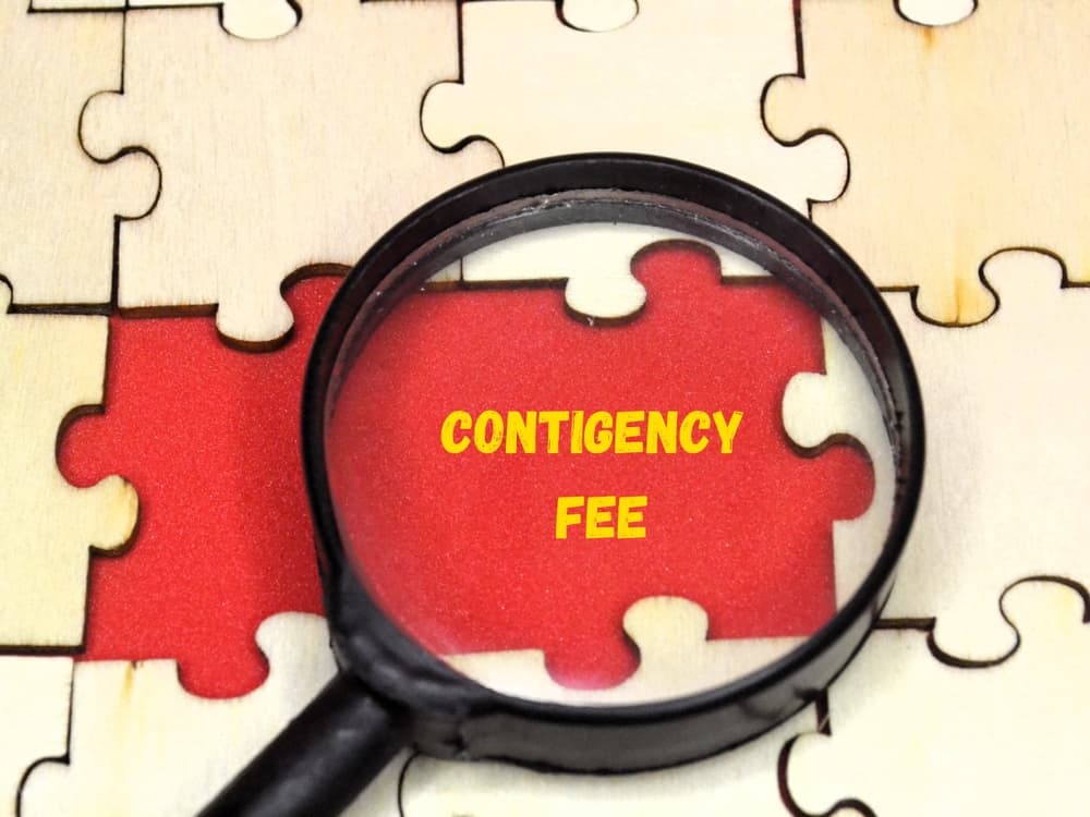 The contingency fee: A crucial element in legal proceedings, revealed in detail through a magnifying glass. High-quality photograph.