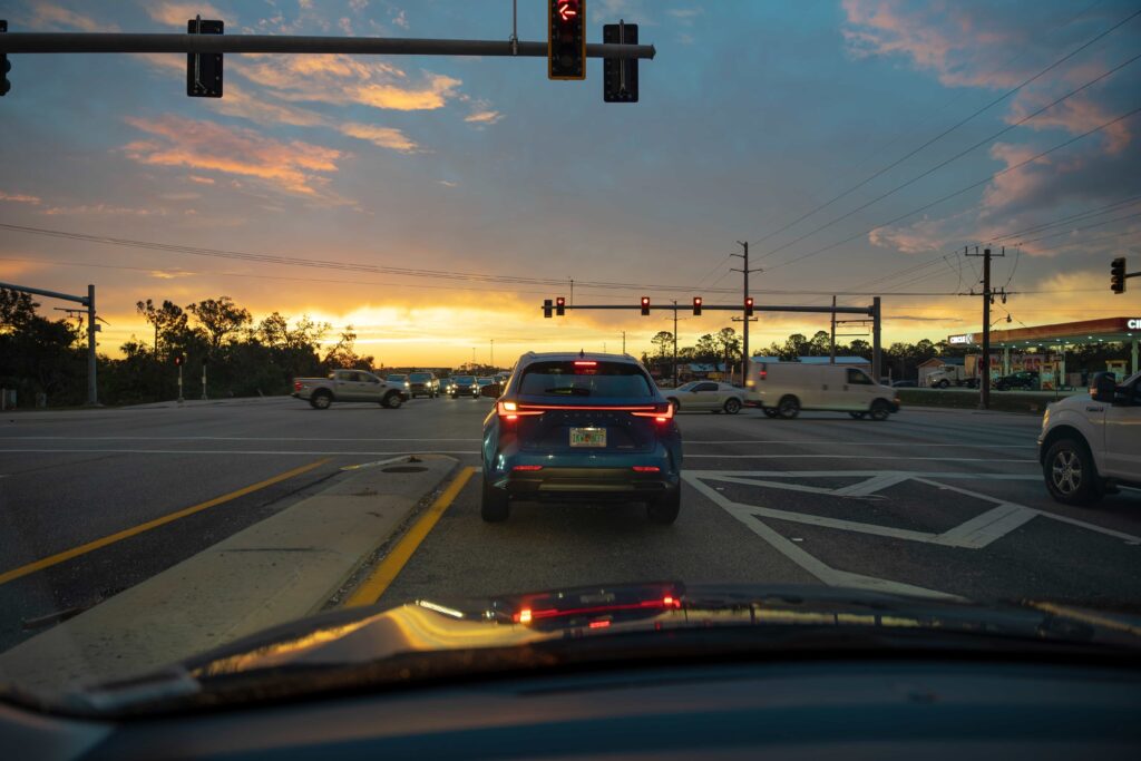 Red traffic light at an intersection
