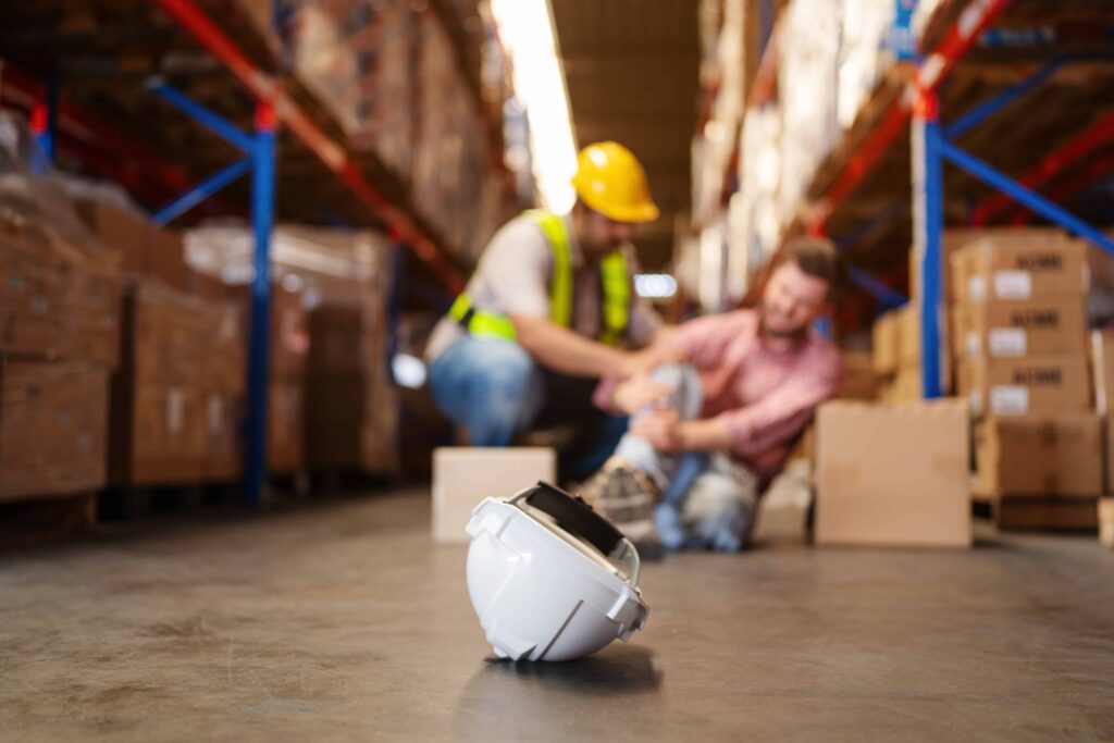 Injured warehouse worker receiving help after workplace accident with hard hat on floor. Injured warehouse worker receiving help after workplace accident with hard hat on floor.