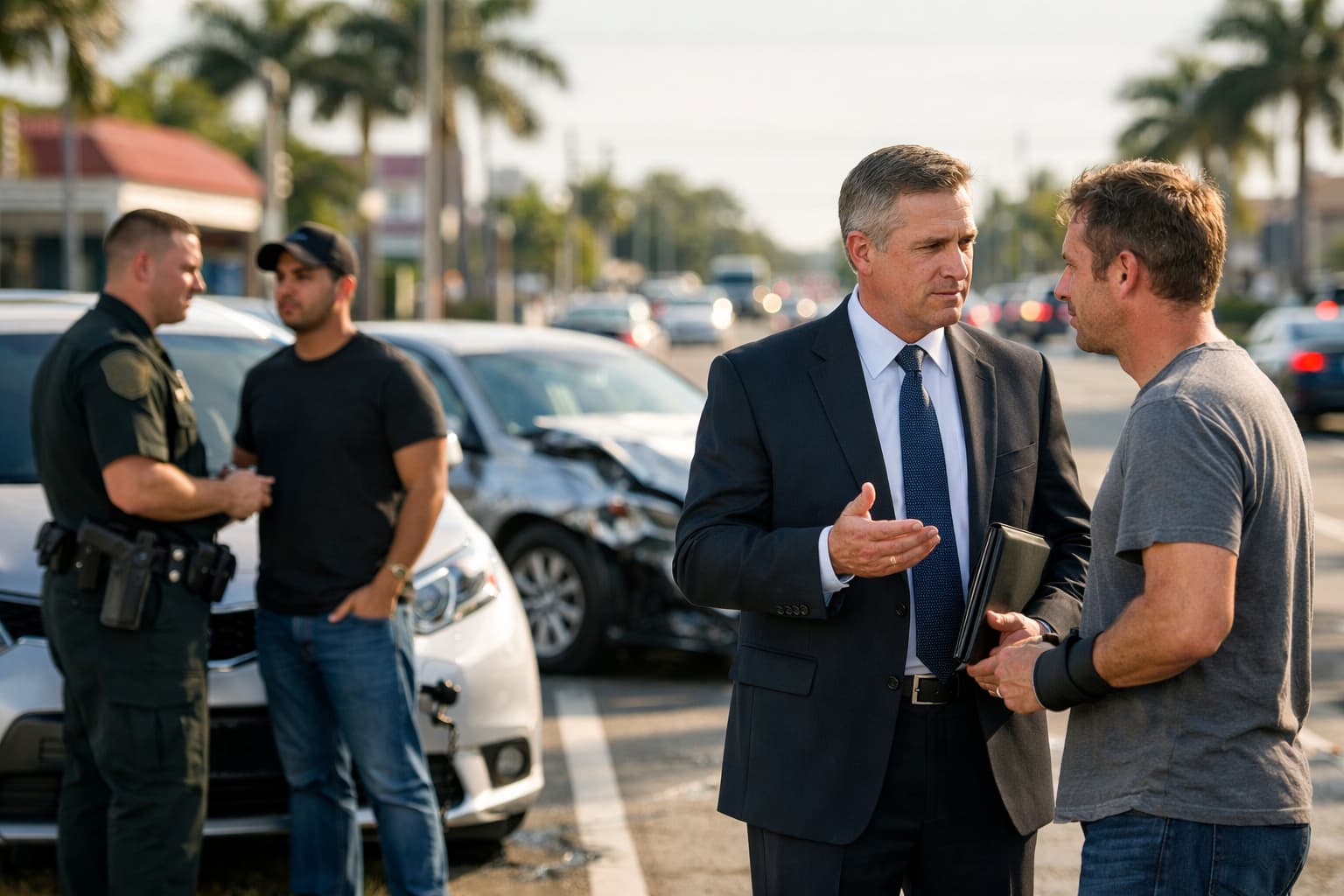 Attorney speaking with injured victim after Lyft accident in Boynton Beach, Florida roadway scene.