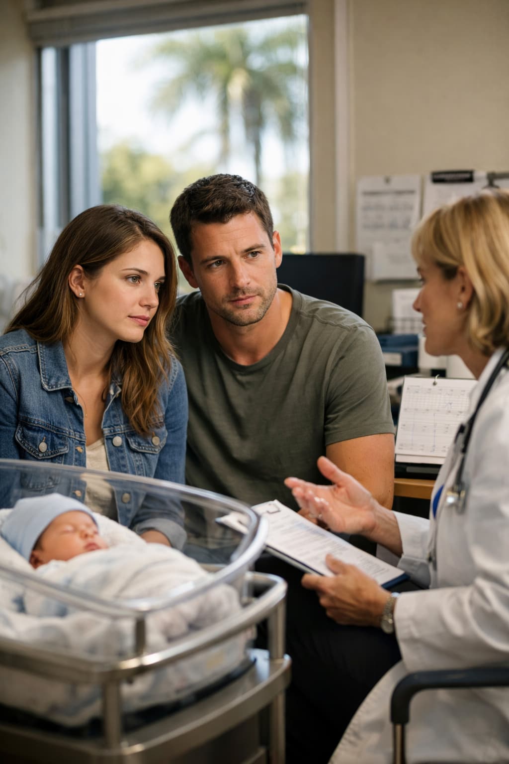 Parents meeting with medical professional in Palm Beach County hospital discussing hypoxic-ischemic encephalopathy birth injury.