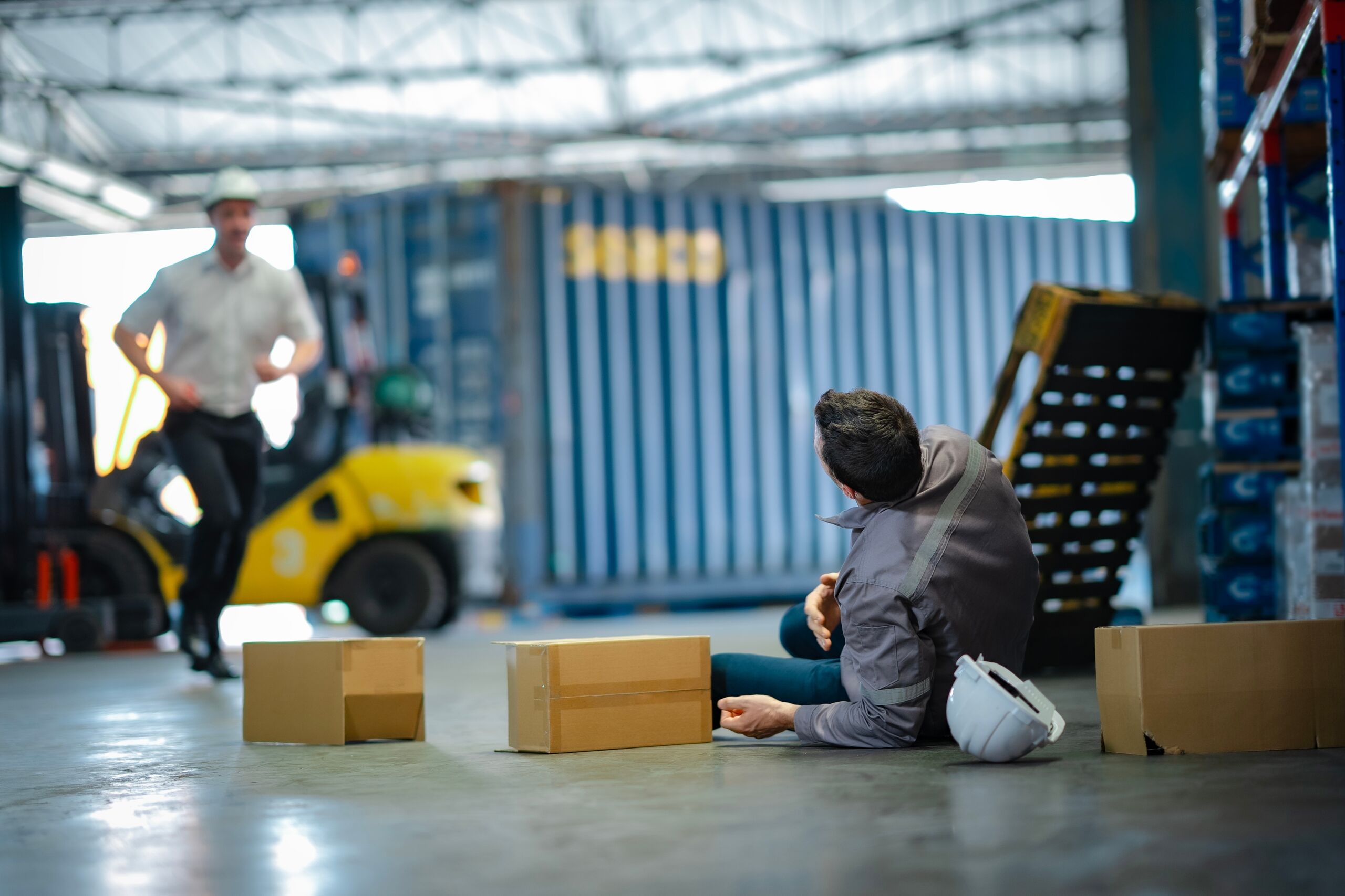 Warehouse worker injured after a slip and fall accident, showing potential employer liability in Florida