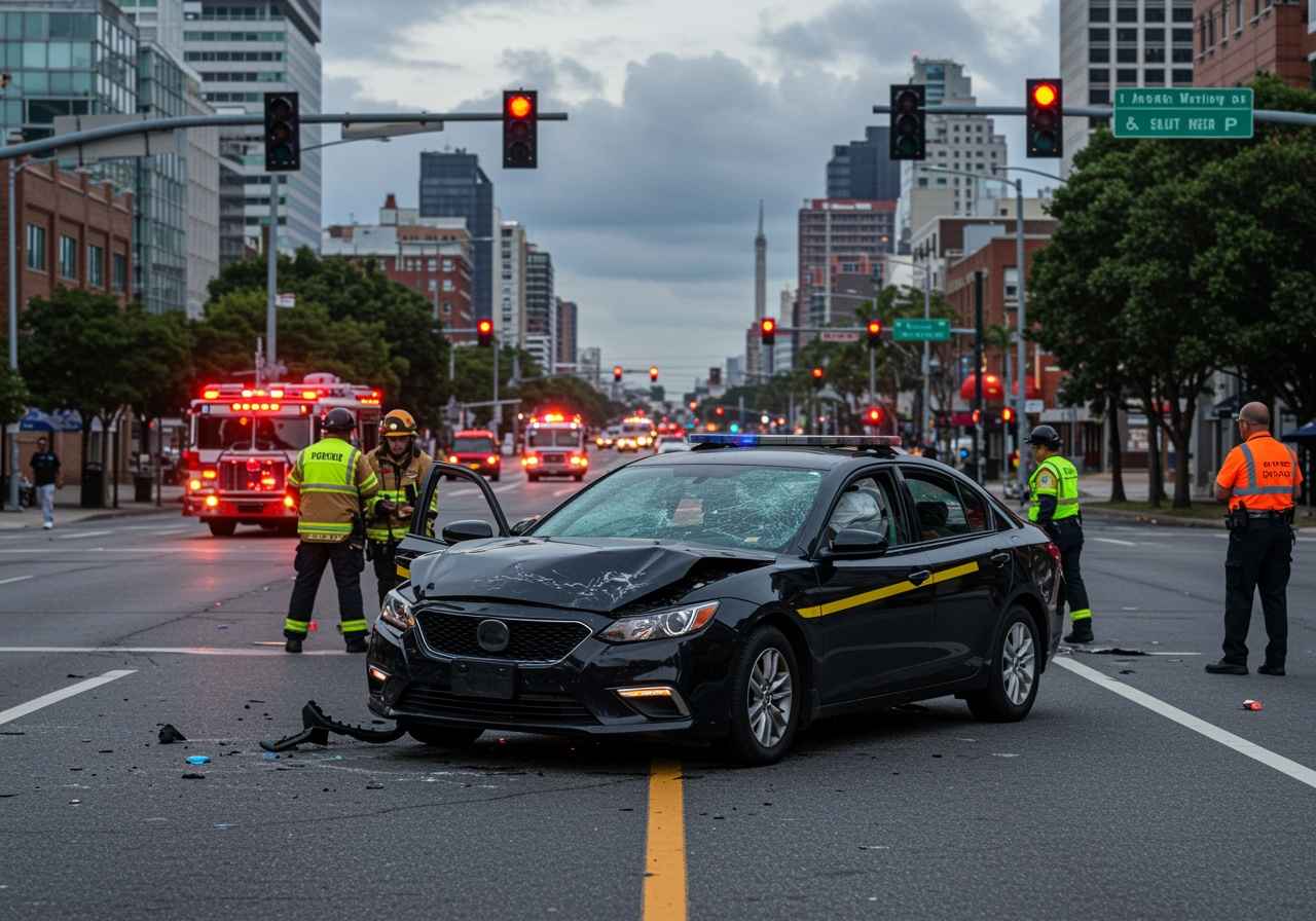 Rideshare vehicle with front-end damage at an intersection with emergency responders on scene